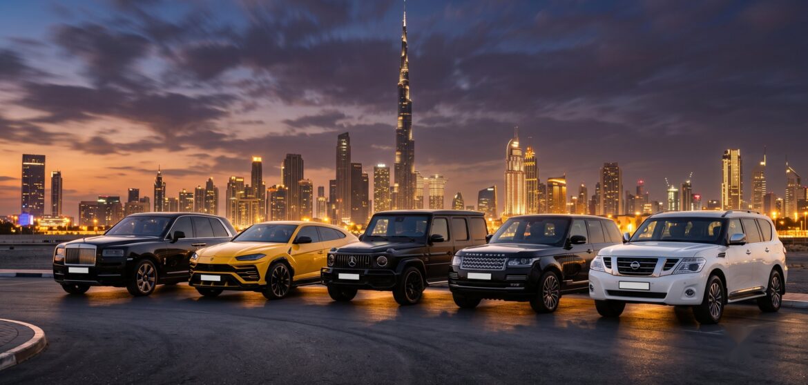 Optimum Car Rental fleet lineup with Dubai skyline at dusk